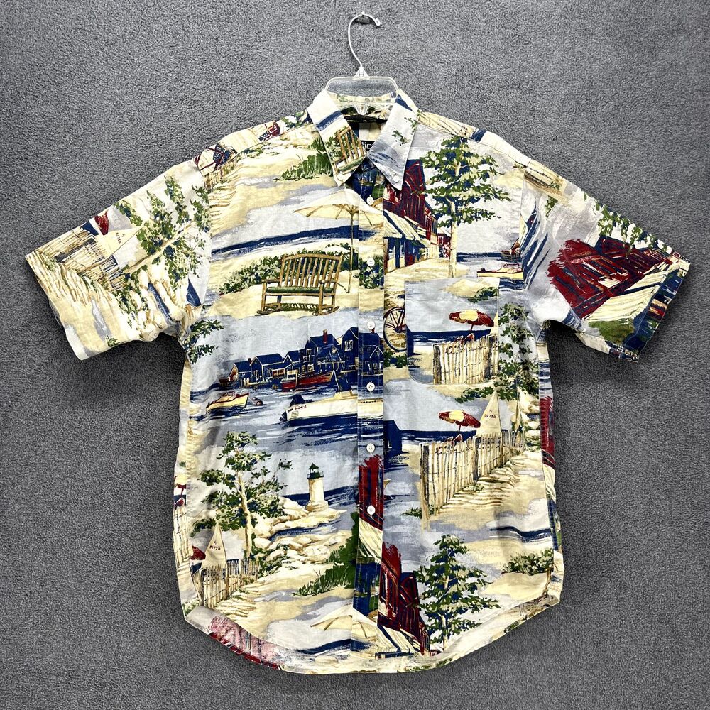 Vintage Nautica Shirt Mens Medium Beach Coast Harbor Light‎ House Short Sleeve